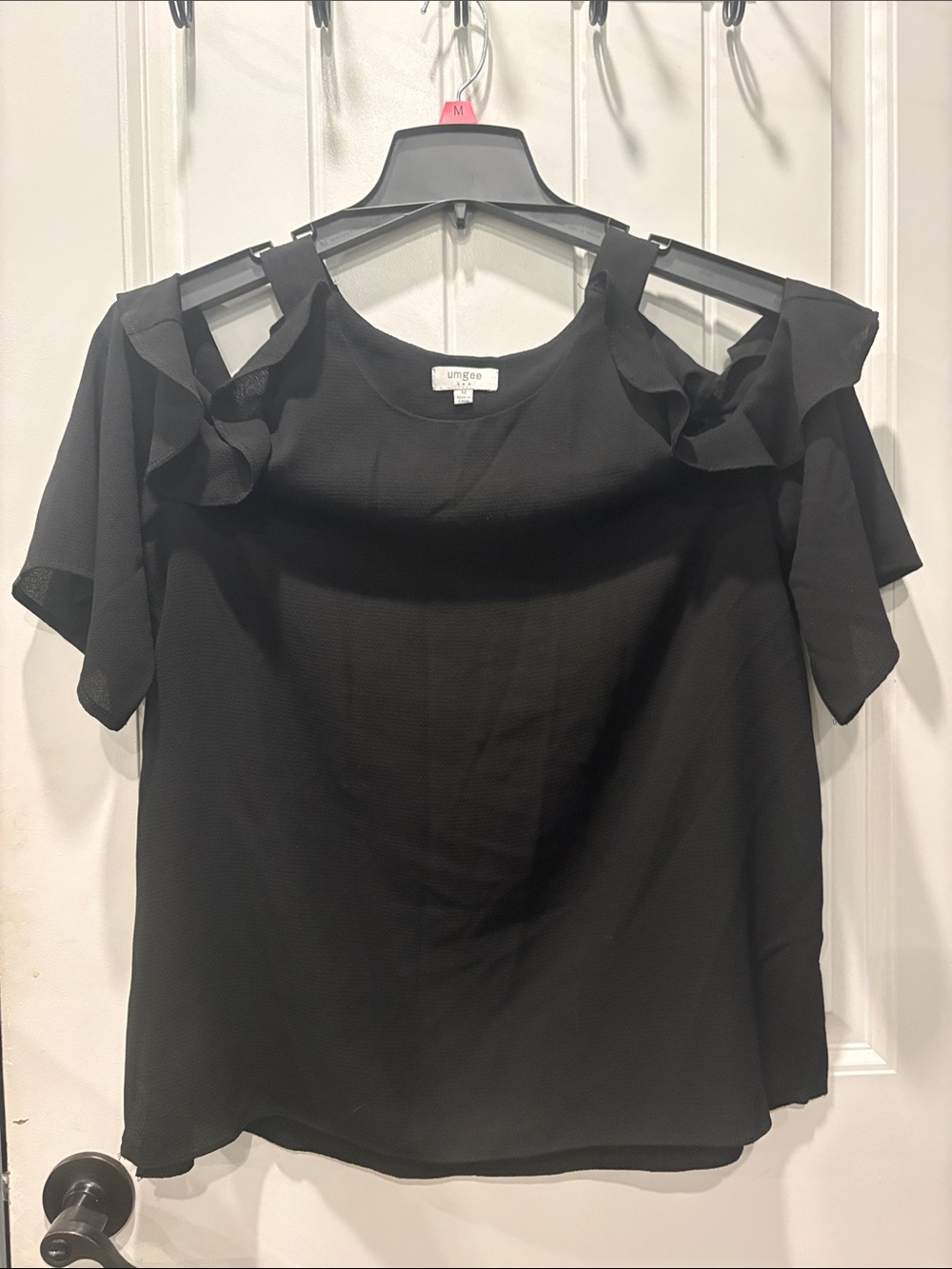 Umgee Black Cold-Shoulder Ruffle Blouse woman’s medium